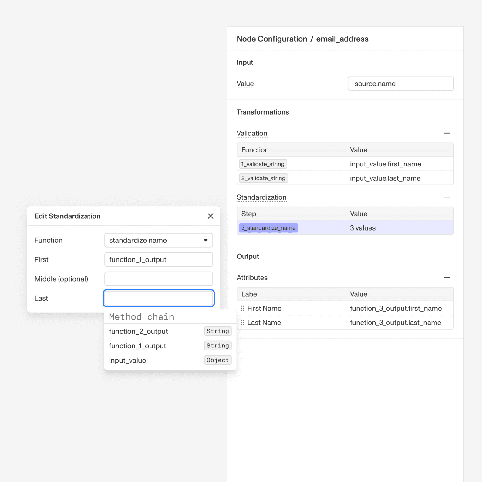 Field-first node configuration with input, transformations, and output flow